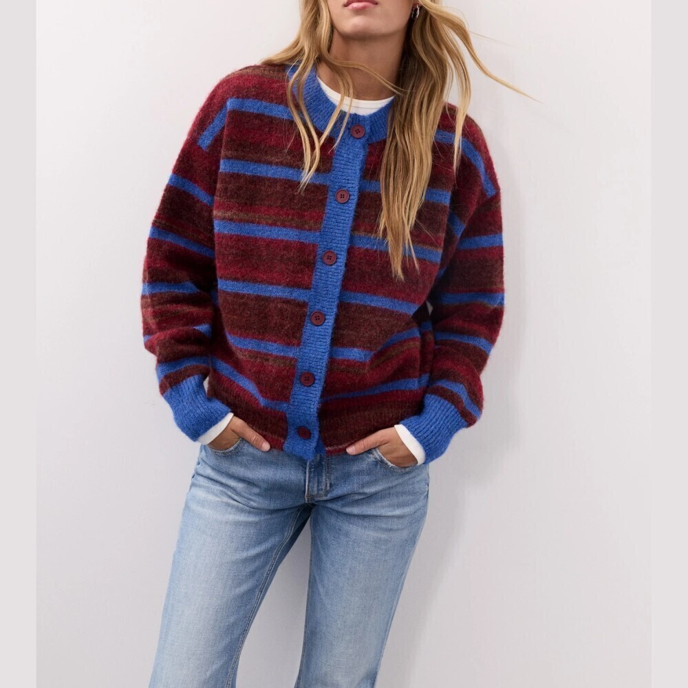 Burgundy Blue Striped Knit Button Front Crew Neck Cardigan